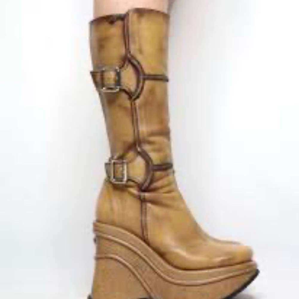 Vintage Y2K Steve Madden Platform Wedge Boots Moto Goth Cosplay Steampunk Sz 8.5